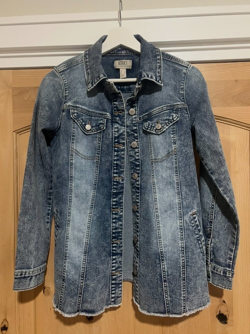 NWOT Logo Denim Shacket with Frayed Hem.